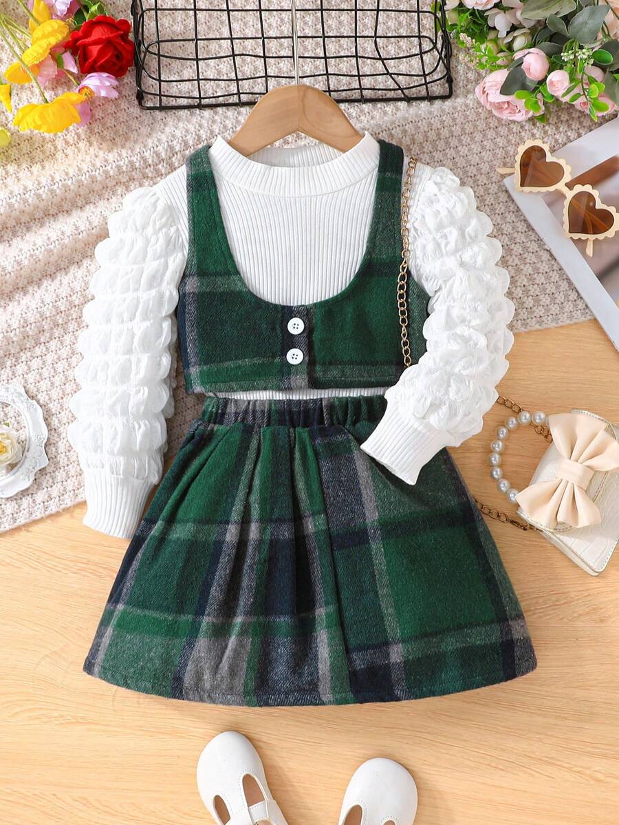 3pcs/Set Girls Elegant Solid Long Sleeve Top, Plaid Vest And Pleated Skirt Outfit - Green - View 1