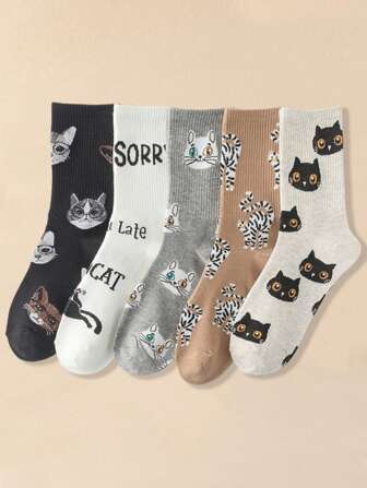 5/10 Pairs Women Cartoon Cat Pattern Fashionable Cute Socks, Soft Comfortable Breathable Casual Mid-Calf Length Everyday Wear