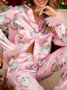 Women Christmas Satin Pajamas Set Santa Print Feather Trim Long Sleeve Button Down Shirts Tops And Wide Leg Pants Sets Fall Winter Sleepwear Nightwear Loungewear Xmas Holiday Two Pieces Pjs Matching Outfits Sets - Pink - View 2