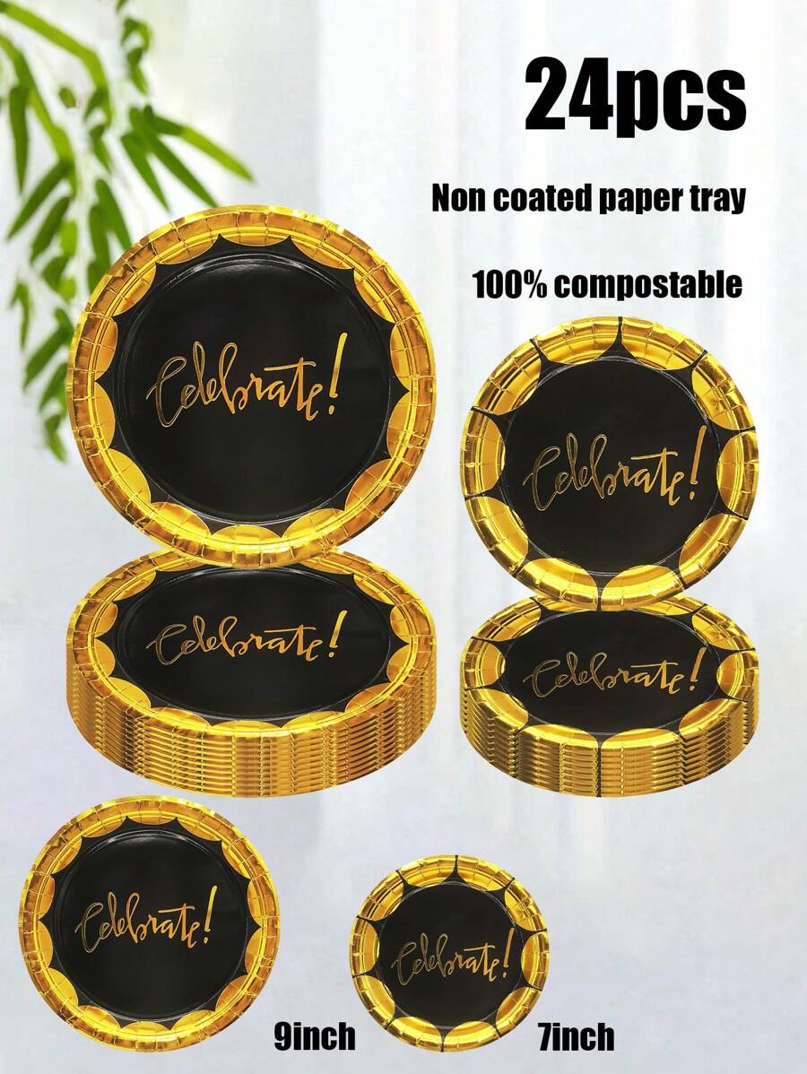 Bộ 24 món, Đĩa giấy dùng một lần làm từ vật liệu, Dập nóng, Đen, Đĩa giấy chủ đề lễ kỷ niệm, Đĩa giấy 7 inch, Bìa cứng 9 inch, Đĩa dùng một lần cho bữa tiệc, Vật liệu - Nhiều màu - Xem 1
