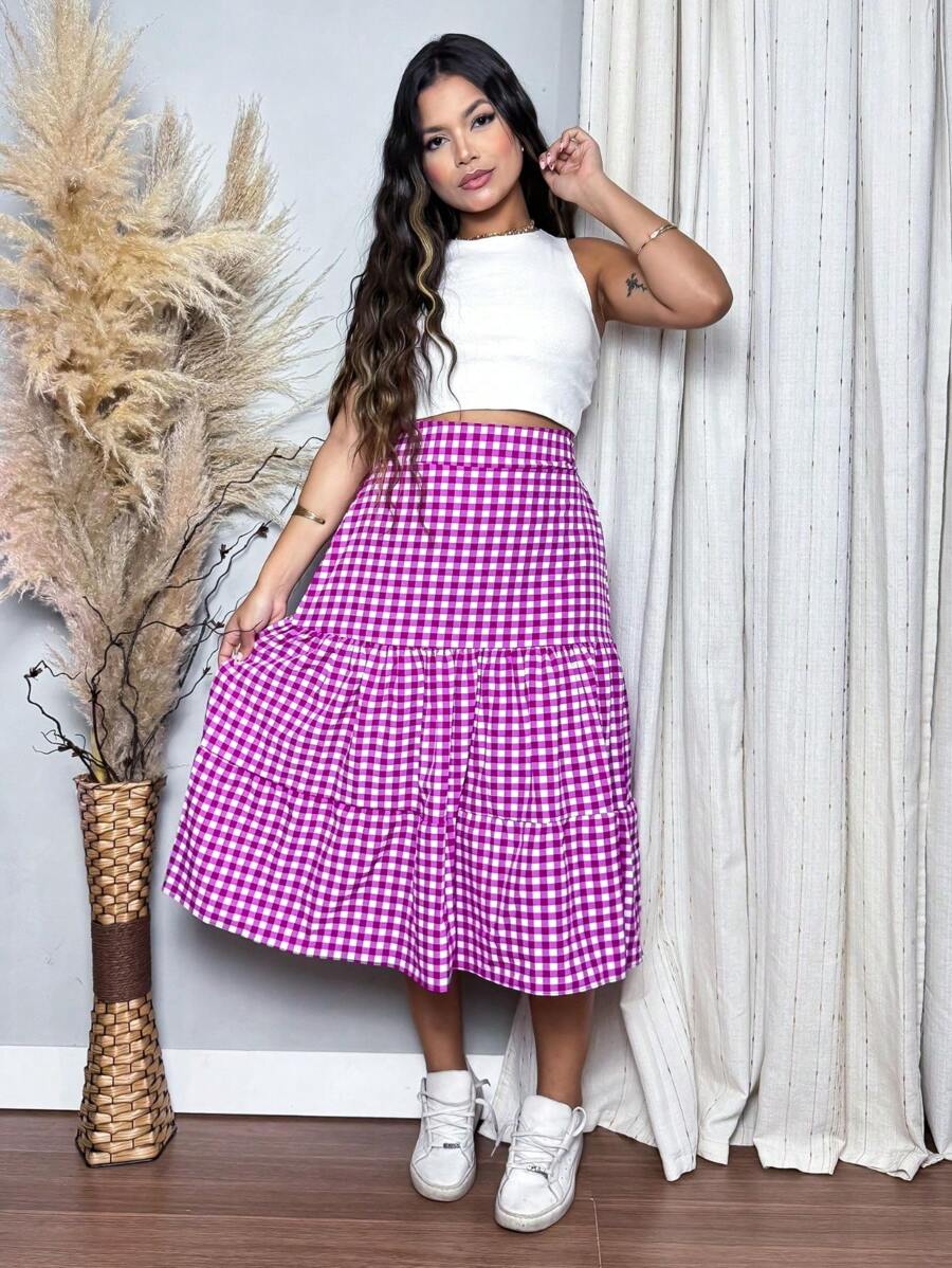Plaid Midi Skirt - Màu tím - Xem 1