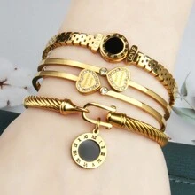 3-In-1 Set: Rhinestones Embedded Double LOVE Stainless Steel Bracelet, & Fashionable, With Romane Braided Steel Wire Bracelet Accessory, Great Gift