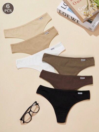 6 piezas Bragas minimalistas y sexys de tiro bajo, suaves y transpirables para mujeres, en color Maillard, tipo triángulo/tanga