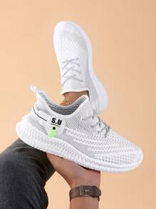 男士白色网眼低帮系带运动鞋，男士柔软舒适透气轻便防臭防滑耐用跑步鞋，男士时尚休闲户外运动步行健身鞋 - 白色 - 查看 4