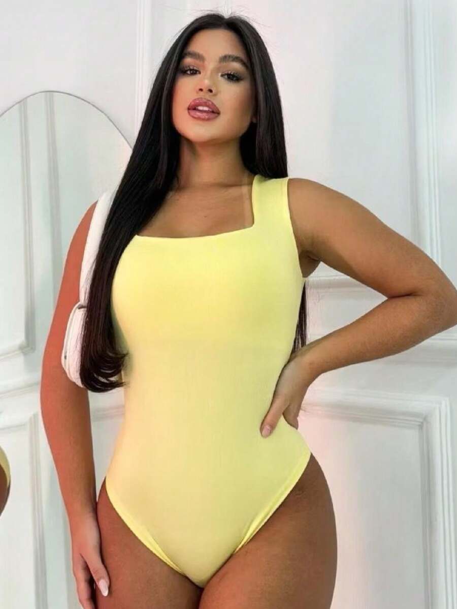 Women's Suplex Bodysuit With Square Neckline And Lined Straps Women's Bori Blouse - 黃色 - 查看 1