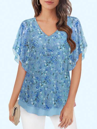 CheersLife Women's Dressy Casual,Double Layers Mesh Elegant Summer Blouses,Short Sleeve V Neck Women's Tunic Tops