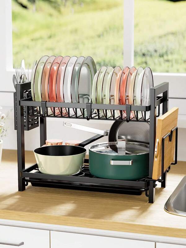Rejilla negra de 2 niveles de gran tamaño para secar platos para la encimera de la cocina con tabla de escurrido, escurreplatos de acero inoxidable para platos/cuchillos/tazas/tablas de cortar con soporte para utensilios, estante para platos, escurridor de platos ahorra espacio, rejilla de secado para cubiertos