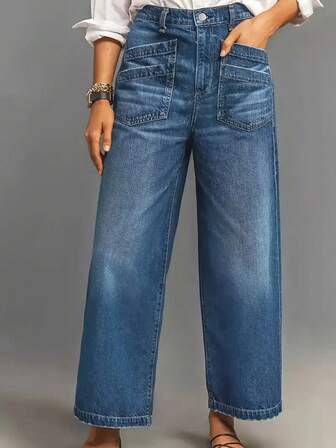 Women's Summer Loose Fit Vintage Denim Wide Leg Jeans With Pockets, Casual & Versatile
