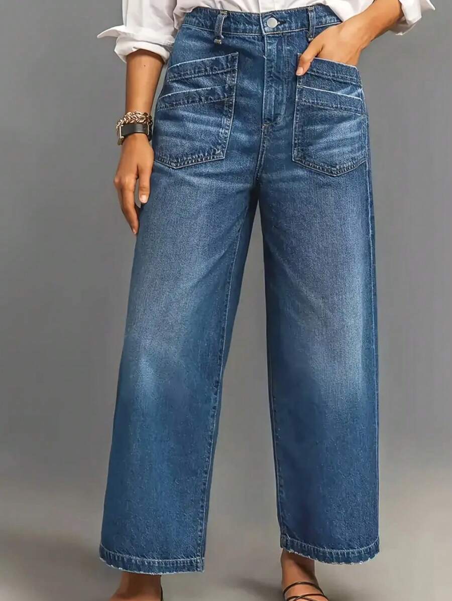 Women's Summer Loose Fit Vintage Denim Wide Leg Jeans With Pockets, Casual & Versatile