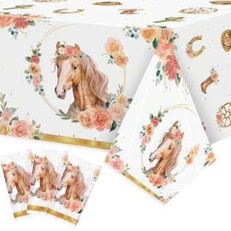 1pc/2pcs/3pcs/6pcs Party Tablecloths, Watercolor Flower Heads, Golden Flower Garlands, Horseshoe Cactus Patterned Tablecloths, Western Themed Party Decorative Tablecloths, Birthday Party, Spring Outdoor Leisure And Entertainment Event Party Decoration Supplies, The Best Choice For Holiday, Birthday Party, Party Dining Table Decoration, Decoration Supplies, Event Venue Decoration And Decoration Supplies