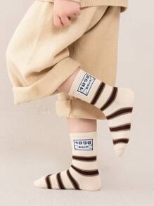 5 Pairs Kids' Coffee, White Striped, Beige Panda & Bear Letter/Number Loose Top Mid-Calf Socks, Unisex Street Casual Socks For School, Students, Boys And Girls, Suitable For Spring, Autumn And Winter - Multicolor - View 4