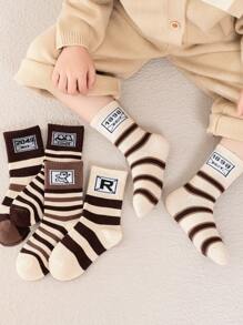 5 Pairs Kids' Coffee, White Striped, Beige Panda & Bear Letter/Number Loose Top Mid-Calf Socks, Unisex Street Casual Socks For School, Students, Boys And Girls, Suitable For Spring, Autumn And Winter - Multicolor - View 3
