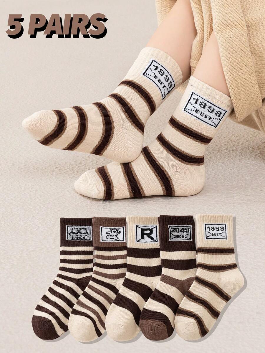 5 Pairs Kids' Coffee, White Striped, Beige Panda & Bear Letter/Number Loose Top Mid-Calf Socks, Unisex Street Casual Socks For School, Students, Boys And Girls, Suitable For Spring, Autumn And Winter - Multicolor - View 1