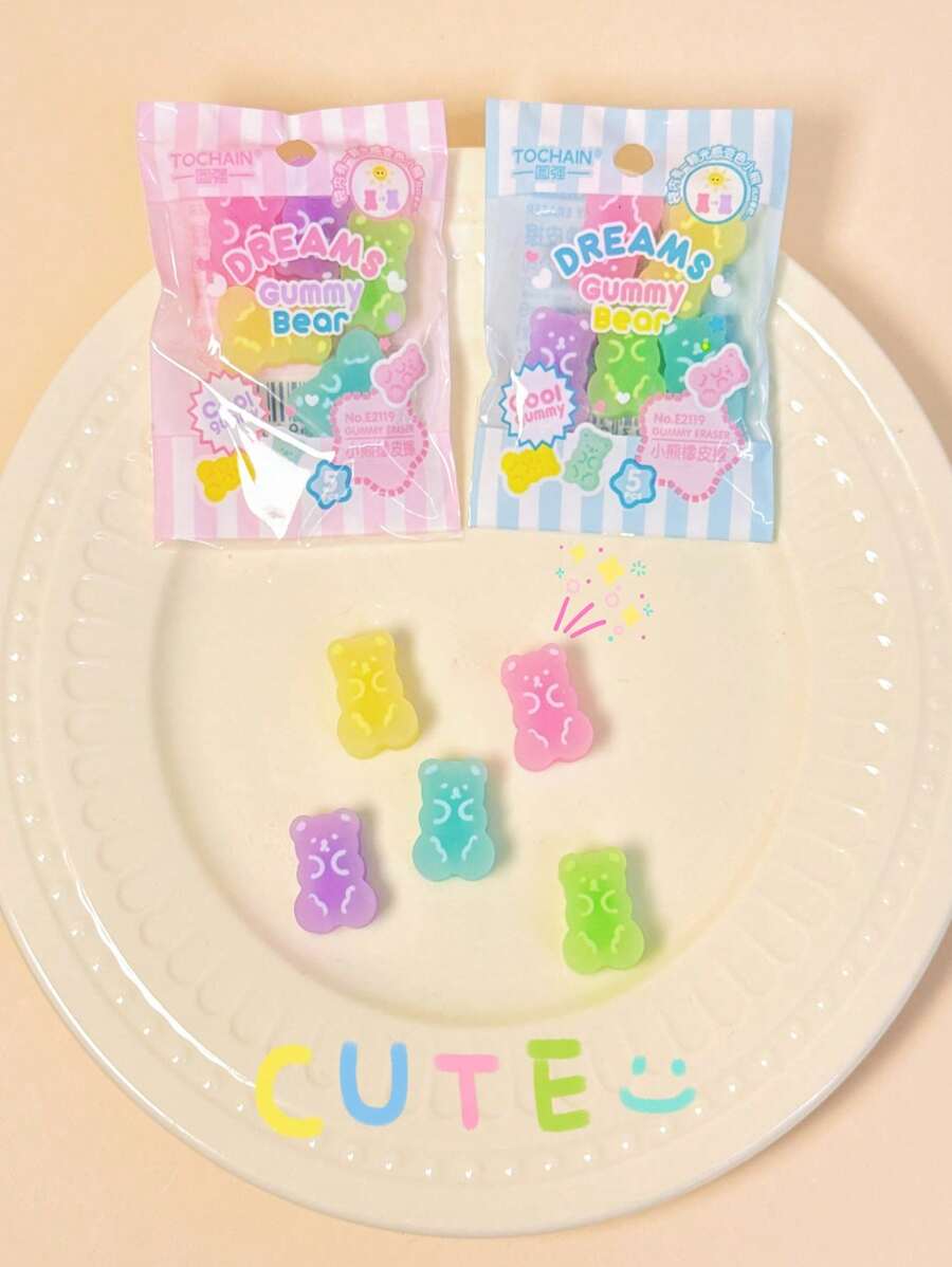 TOCHAIN 1pc/5pcs/10pcs Cute Translucent Bear Erasers, Creative Cartoon Erasers For Students, Holiday Gifts, Color-Changing Bear Erasers, Clean & Mess-Free Student Erasers, School Supplies, Back To School Gifts - Multicolor - View 1