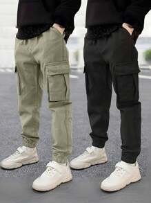 2pcs Set Men Spring&Autumn Multiple Pocket Cargo Pants, Streetwear Hip Hop Solid Color Drawstring Casual 3/4 Pants