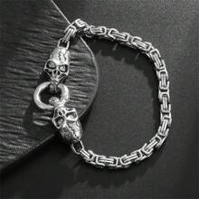 SeuSuk 1 Stück Herren Einzigartige Coole & Modische Hip Hop Punk Rock Edelstahl Doppel Skulls Silber Armband Schmuck Geschenk
