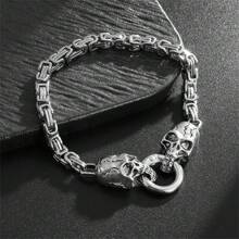 SeuSuk 1 Stück Herren Einzigartige Coole & Modische Hip Hop Punk Rock Edelstahl Doppel Skulls Silber Armband Schmuck Geschenk