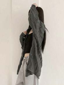 复古港式百搭宽松格纹纽扣衬衫式休闲外套 - 墨綠色 - 查看 2