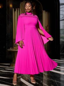 Vestido de fiesta de Navidad con cuello plisado, mangas tipo capa con volantes y pliegues en talla grande de un solo color - Rosa Fucsia - Ver 6