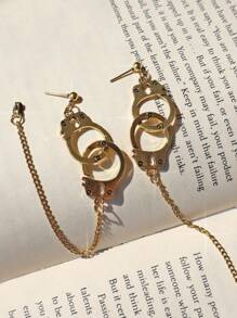 1pair Black Handcuff Hoop Earrings With A Linking Chain Loop Earring