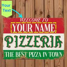 Personalisiertes Pizza Shop Metallschild - Retro Outdoor Indoor Wandbehang Metallplakette - Anpassbarer Text, geeignet für Männerhöhle, Garage, Werkstatt, Spielzimmer - Wetterfest, vorgebohrte 8x12 Zoll, Provinzielle Eleganz Wohnen