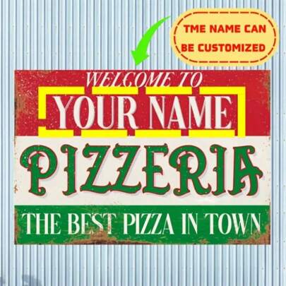 Cartel de metal personalizado de pizzería - Placa de metal retro para interiores y exteriores - Texto personalizable, adecuado para cueva de hombre, garaje, taller, sala de juegos - Resistente a la intemperie, con orificios previamente perforados de 8x12 pulgadas, Elegancia provincial viviente