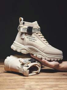 ALAGZI Fashionable Solid Color High Top Boots For Men - Non-Slip Lace-Up Design With Durable Rubber Sole For Comfortable Outdoor Adventures - Beige - View 1