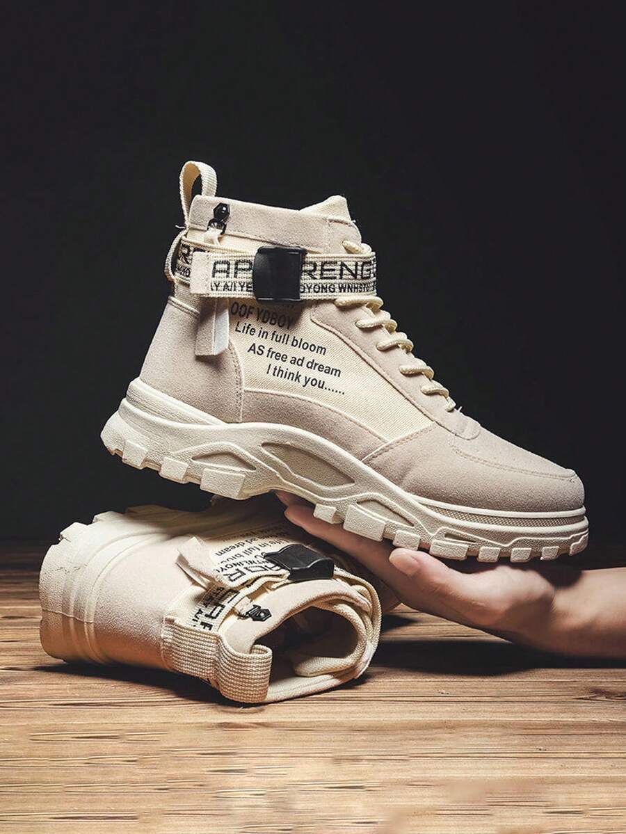 ALAGZI Fashionable Solid Color High Top Boots For Men - Non-Slip Lace-Up Design With Durable Rubber Sole For Comfortable Outdoor Adventures - Beige - View 1