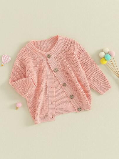 Cárdigan de punto para bebé niña, lindo suéter de manga larga con cuello redondo y botones, color liso, para otoño.