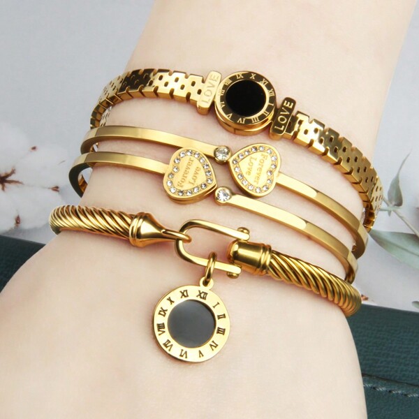 3/1 Pair Heart Diamond Inlaid Bracelet | Pair Of LOVE Symbol Stainless Steel Bangle, Roman Braided Wire Layered Gift, Fashionable Women Jewelry