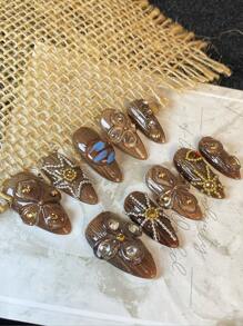 10 miếng dán móng tay, hình quả hạnh nhân, làm thủ công, siêu đẹp, cao cấp, ngọt ngào và sành điệu, phong cách Bohemian, nhũ mịn màu nâu, họa tiết hoa gạo ba chiều vẽ tay với hạt bạc nhỏ, hạt vàng nhỏ, kim cương nhỏ và đá quý, phù hợp cho bé gái và phụ nữ. - màu nâu - Xem 2