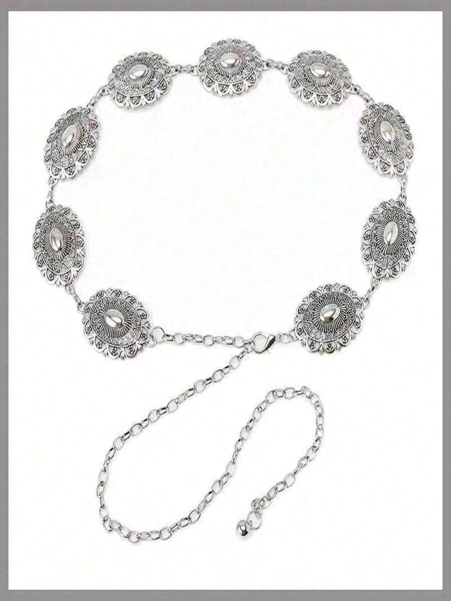 复古椭圆形仿古银色金属腰链，百搭腰带，适合夏季、秋季、万圣节等场合搭配连衣裙和裤子