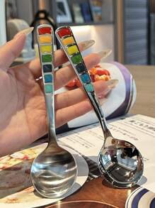 1/3/6/12 Pcs 7-Color Enamel Stainless Steel Soup Spoons, Household Long Handle Dining Spoons, Western Style Soup Spoons, Round Spoons And Rainbow Spoons, Dessert Spoons And Honey Spoons (Handle Colors Are Hand-Glued, Nearly Perfect), 1pc/3pcs/6pcs/12pcs - Multicolor - View 5