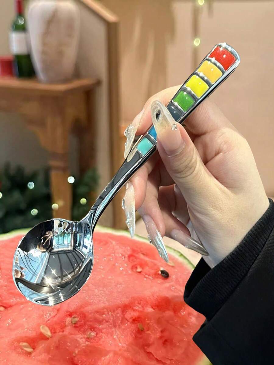 1/3/6/12 Pcs 7-Color Enamel Stainless Steel Soup Spoons, Household Long Handle Dining Spoons, Western Style Soup Spoons, Round Spoons And Rainbow Spoons, Dessert Spoons And Honey Spoons (Handle Colors Are Hand-Glued, Nearly Perfect), 1pc/3pcs/6pcs/12pcs