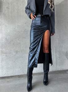 性感开衩紧身朋克风仿皮裙 - 黑色 - 查看 5