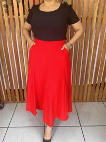 Women's Tailored Midi Skirt Evase Sensorial With Elegant Pocket - 紅色 - 查看 2