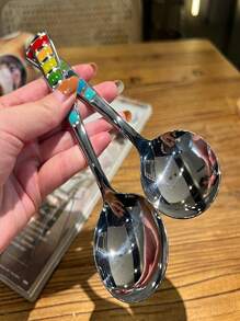1/3/6/12 Pcs 7-Color Enamel Stainless Steel Soup Spoons, Household Long Handle Dining Spoons, Western Style Soup Spoons, Round Spoons And Rainbow Spoons, Dessert Spoons And Honey Spoons (Handle Colors Are Hand-Glued, Nearly Perfect), 1pc/3pcs/6pcs/12pcs - Multicolor - View 11