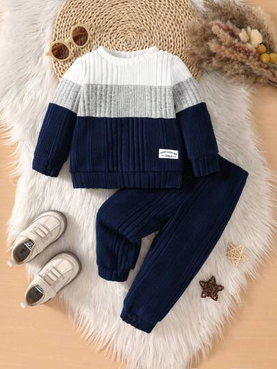 Back To School Baby Boys Clothes 2pcs Set, Casual Colorblock Round Neck Top Paired With Black Pants, Autumn