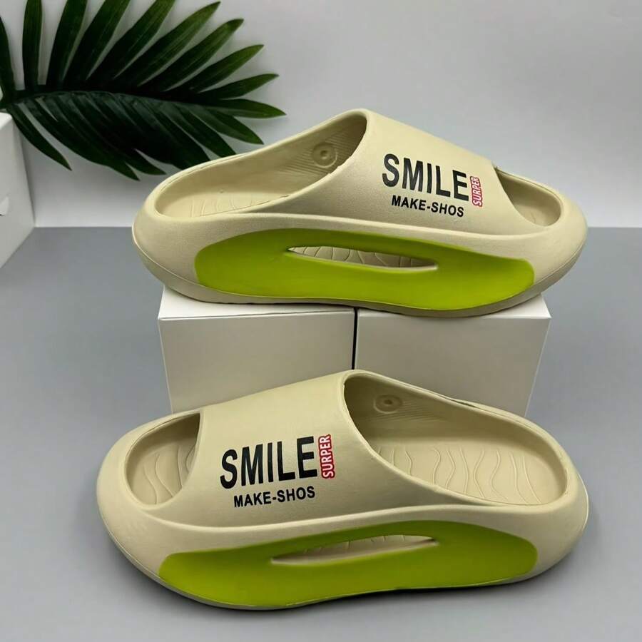 男士拼色卡通图案拖鞋，防滑轻便，适合室内、户外、海滩、度假、男女通用 - 卡其色 - 查看 1