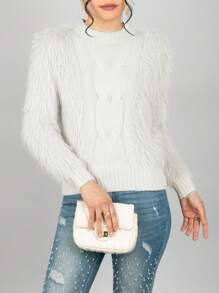 Sueter lindo casual para dama peludo y tejido de cable - Blanco - Ver 1