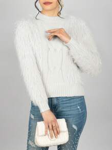 Sueter lindo casual para dama peludo y tejido de cable - Blanco - Ver 2