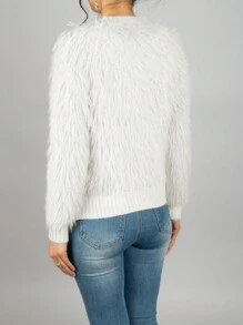 Sueter lindo casual para dama peludo y tejido de cable - Blanco - Ver 5