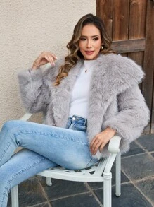 Women's Faux Fur Collar Solid Color Warm Coat For Autumn/Winter - Grey - View 12