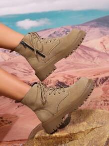 Giày bốt nữ cỡ lớn thiết kế mới mùa thu, bốt cổ ngắn buộc dây mũi tròn họa tiết da báo, bốt đế bằng chống thấm nước, dễ phối đồ, gót thấp, đế dày, kiểu dáng cưỡi ngựa. - Màu Khaki - Xem 2