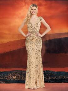 XUIBOL Đầm dài mùa hè cao cấp chất lượng, chất liệu co giãn, đính sequin, cổ chữ V, tay ngắn, thiết kế đuôi cá, màu trơn, thanh lịch và sang trọng dành cho nữ, giúp phái nữ trẻ trung và quyến rũ hơn, phù hợp cho nhiều bữa tiệc, lễ tốt nghiệp, đám cưới, sự kiện và các buổi tiệc khiêu vũ, đầm dạ hội trang trọng dành cho nữ (phiên bản cao cấp), đầm dự tiệc, đầm dự đám cưới, đầm dạ hội, đầm nghỉ xuân. - Vàng - Xem 5