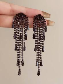 1 Pair Black Resin Long Tassel Earrings, Elegant Luxury Fashion Earrings For Women, Suitable For Gala, Formal Events