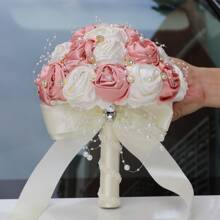 Elegante ramo de rosas de satén con cuentas y cristales de color champán, ramo de boda de rosas de tela artificial, flor eterna W0630G
