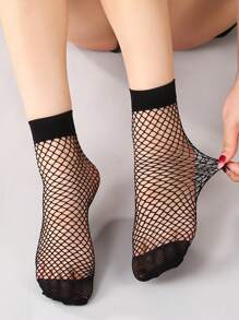 1pair Women Solid Fishnet Crew  Socks, For Summer