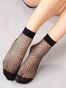1pair Women Solid Fishnet Crew  Socks, For Summer