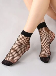 1pair Women Solid Fishnet Crew  Socks, For Summer